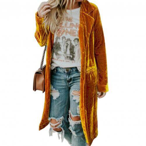 Versatile women's long velvet duster coat. An elegant open-front cardigan for sophisticated layering.