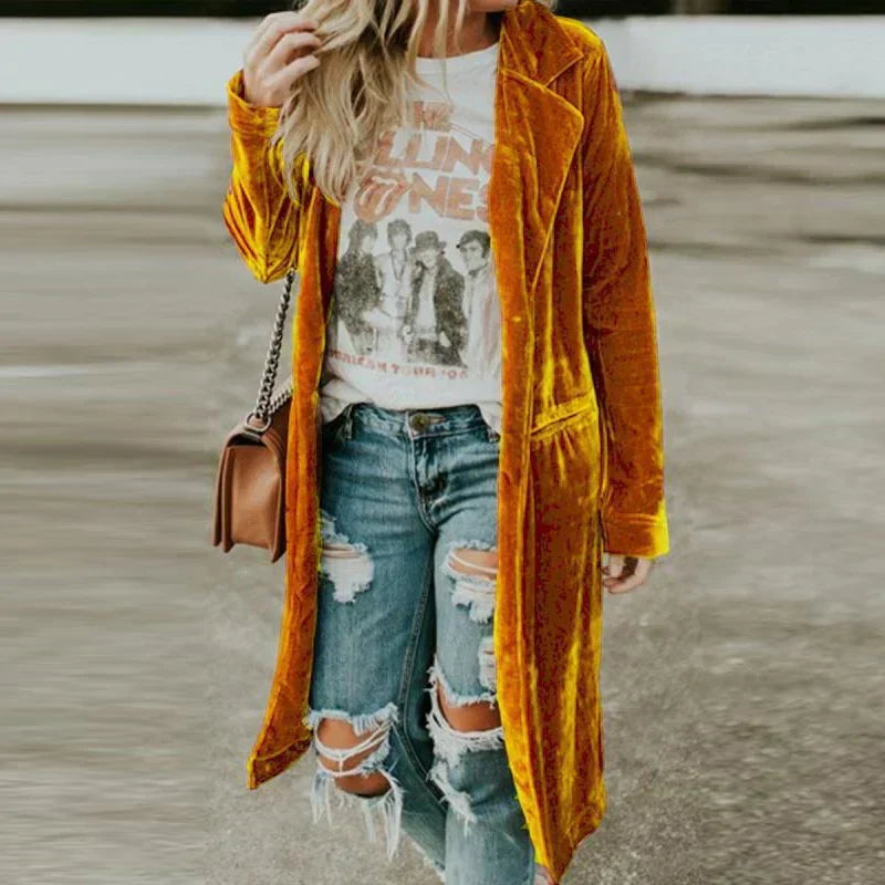 Elegant women's velvet long duster for sophisticated daily wear. Loose-fit open-front casual jacket.