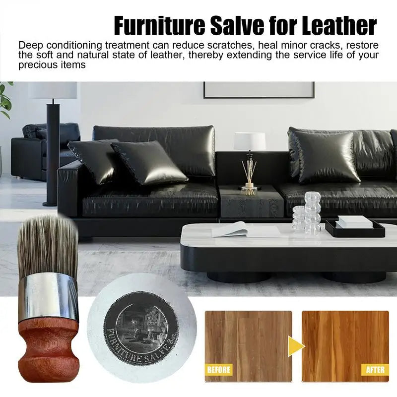 "Leather repair salve with beeswax and shea butter; rich cream for rejuvenating and protecting leather furniture and accessor