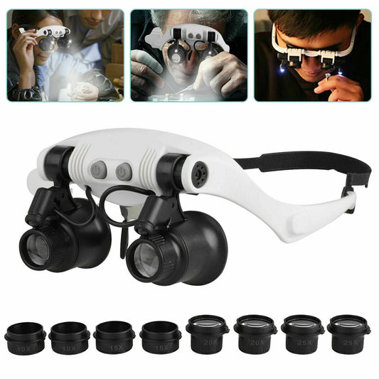 "LED Light Headband Magnifier with adjustable lenses and lighting, ideal for jewelry repair and crafts, featuring durable des