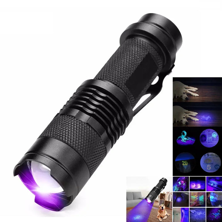 UV blacklight flashlight for detecting pet urine stains like dog pee & cat urine on carpets & floors.