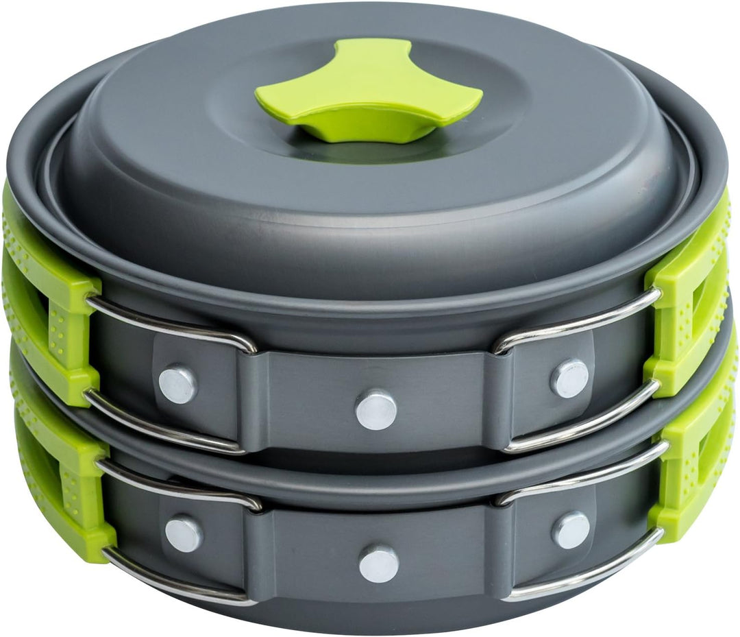 Lightweight camping cookware set for outdoor cooking, includes pot, pan, bowls; anodized aluminum, non-stick, portable.
