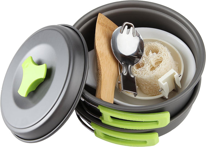 Lightweight camping cookware set for outdoor cooking, includes pot, pan, bowls; anodized aluminum, non-stick, portable.