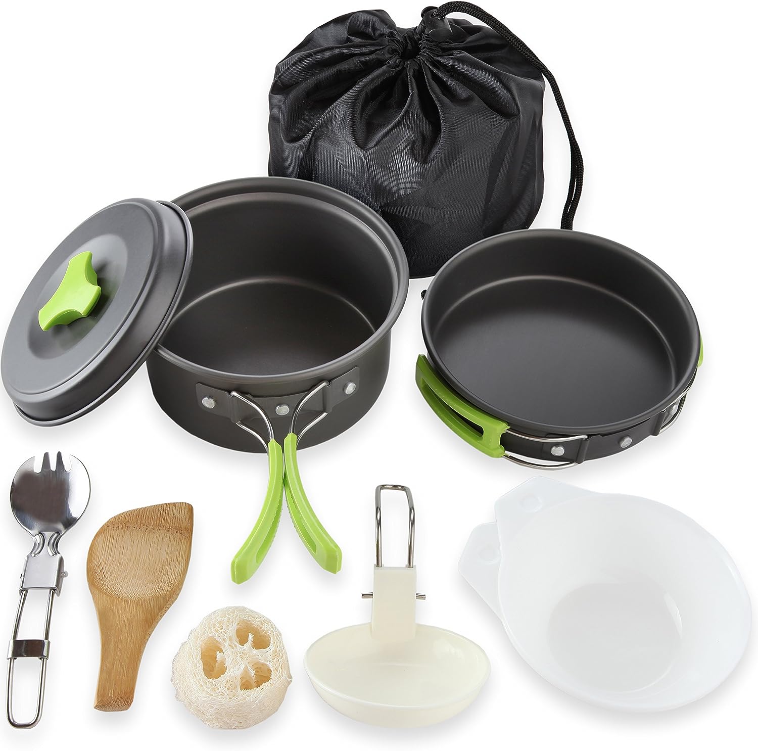 Lightweight camping cookware set for outdoor cooking, includes pot, pan, bowls; anodized aluminum, non-stick, portable.