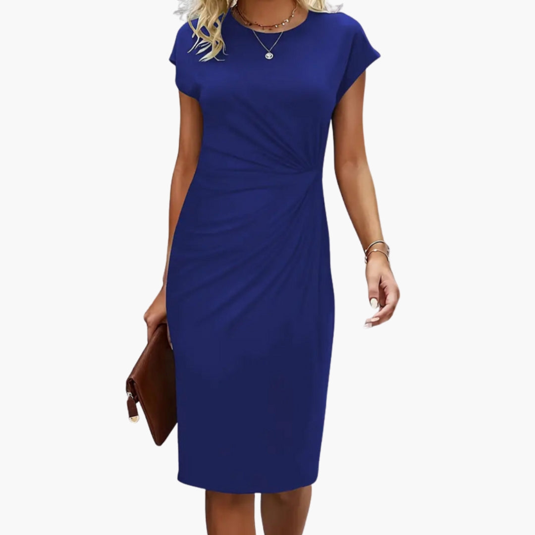 Flowy women's round neck midi dress with short sleeves, offering elegant drape & flattering silhouette.