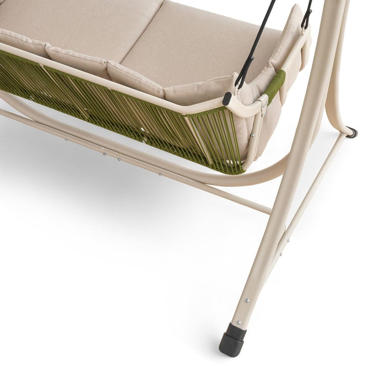 Elegant beige 2-seater outdoor patio swing with plush cushions, perfect garden furniture for relaxation.