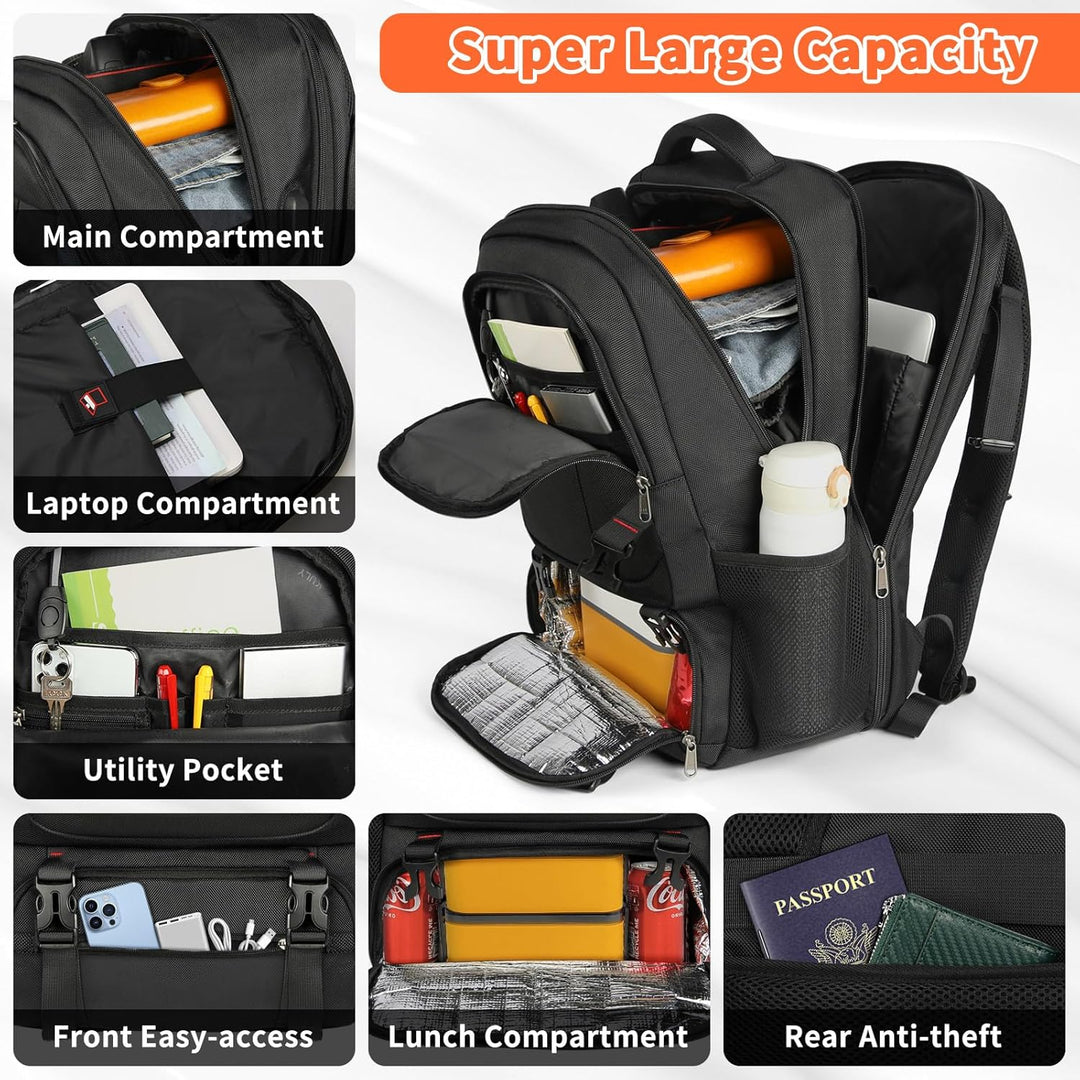 Large 50L unisex travel laptop backpack. Water-resistant commuter bag with insulated lunch compartment for outdoor gear.