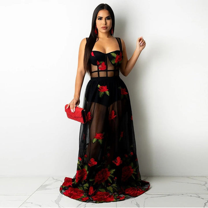 Women's floral embroidery spaghetti strap maxi dress, perfect for summer parties or vacations.