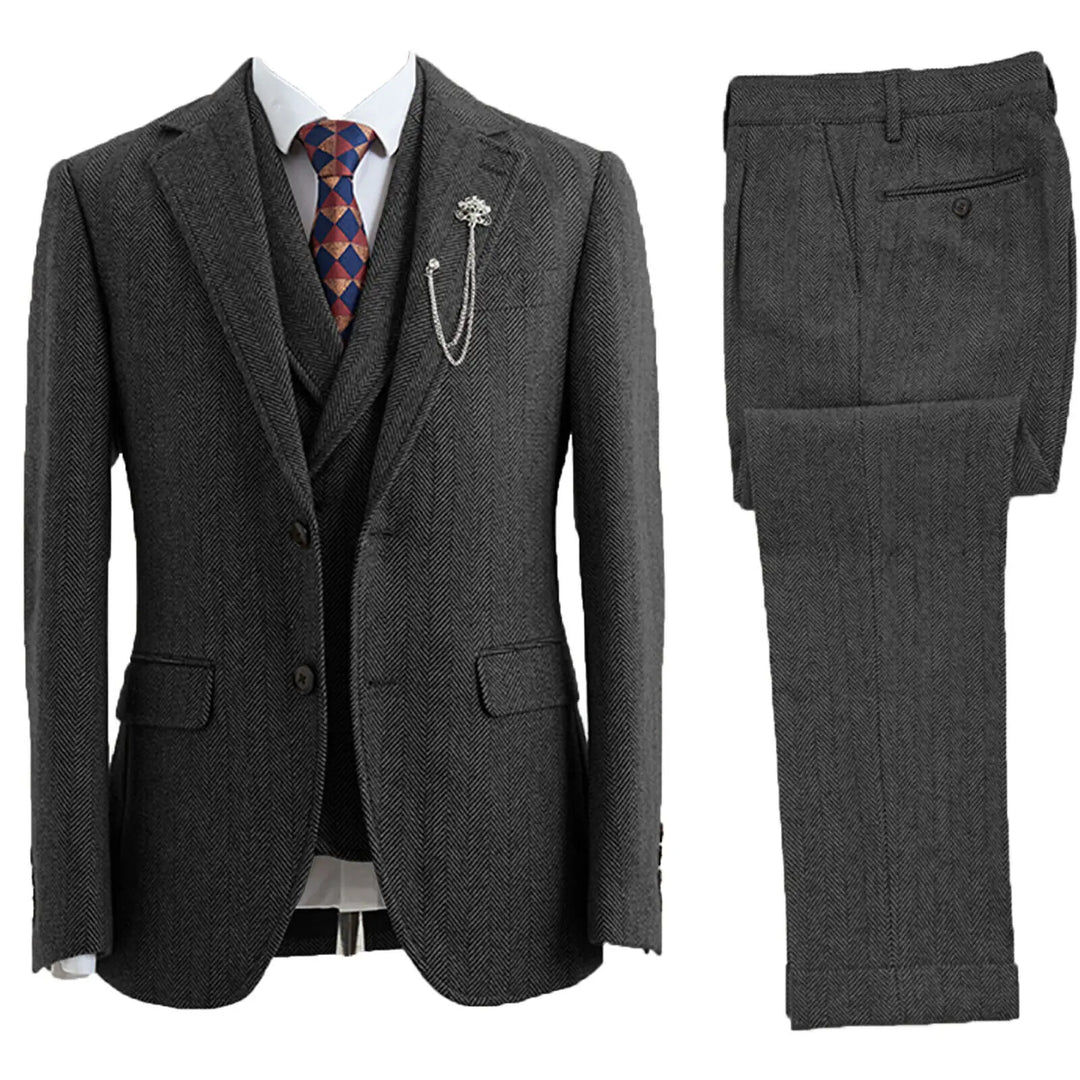 Men's 3-piece herringbone suit, tailored fit, perfect for formal business attire & wedding occasions.