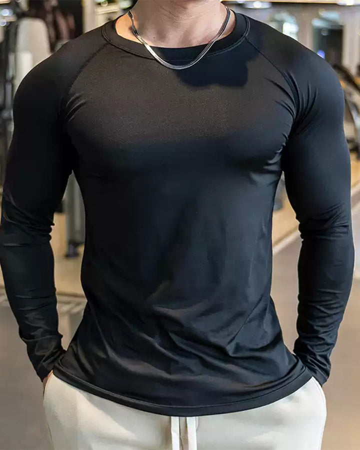Close-up of texture on men's athletic performance long sleeve shirt for activewear
