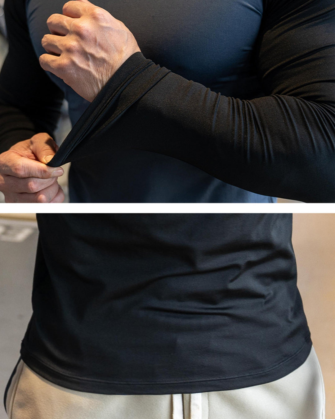 Back view of men's athletic long sleeve shirt, shoulder cut, providing full mobility