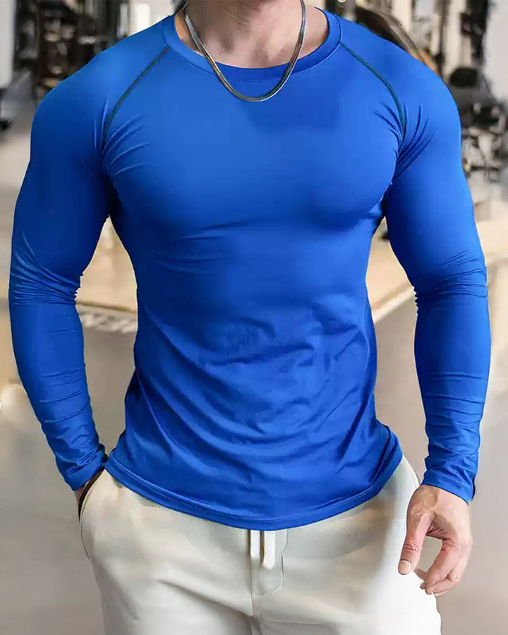 Side view of men's athletic pullover long sleeve, performance moisture-wicking activewear