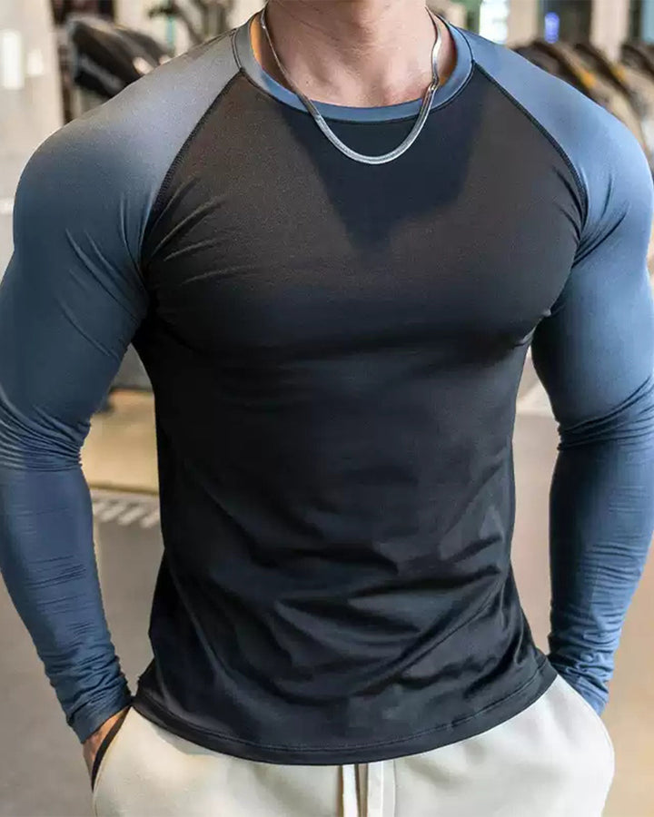 Blue men's long sleeve performance shirt, athletic design with shoulder cut for comfort