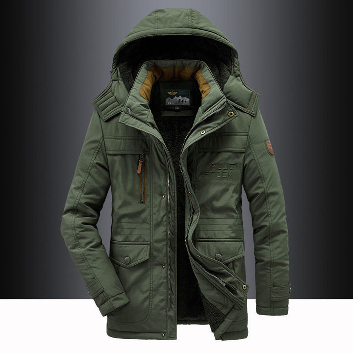 Men's black fleece-lined thigh-length hooded parka, ideal for winter outerwear and cold weather