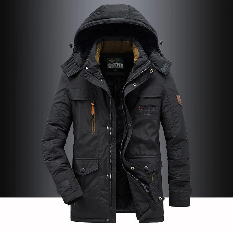 Stylish men's hooded parka with warm fleece lining, perfect thigh-length winter jacket
