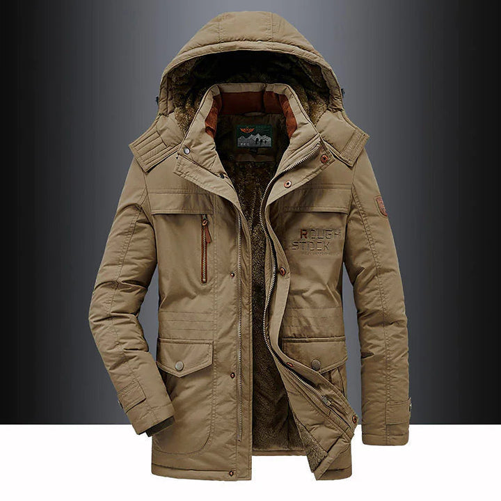 Close-up of men's fleece-lined hooded parka zipper and material, durable outerwear for cold