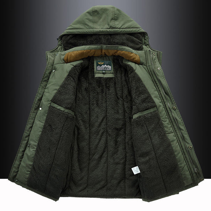 Men's heavy-duty winter parka with soft fleece lining and attached hood, essential cold weather gear