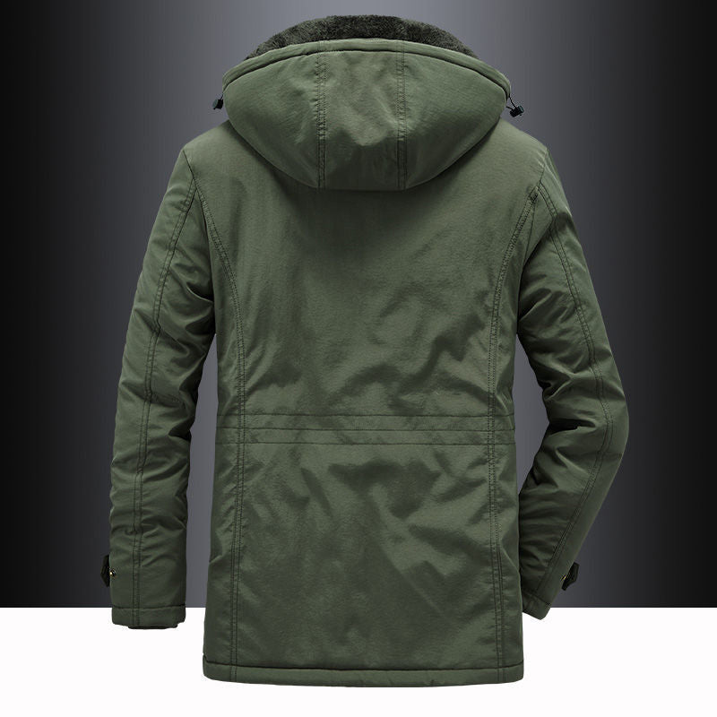Detailed view of men's parka hood with fleece lining, offering extra warmth in winter