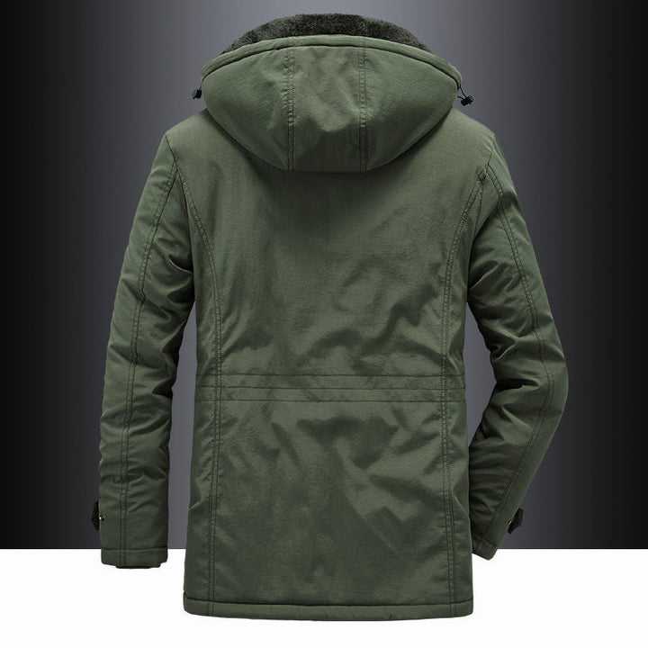 Detailed view of men's parka hood with fleece lining, offering extra warmth in winter
