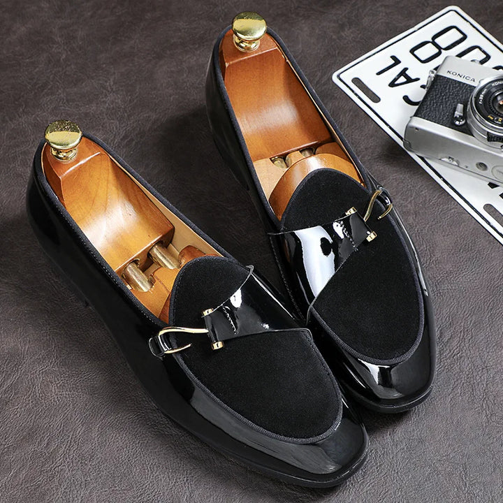 High-shine black patent leather men's loafers, a sophisticated choice for upscale fashion