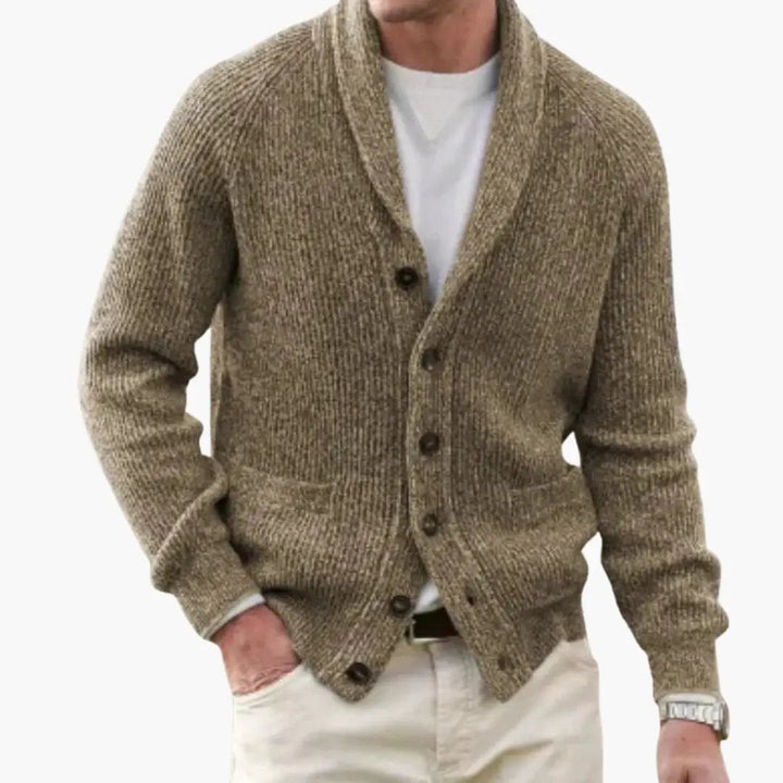 Soft men's navy blue shawl collar cardigan, button front closure, a cozy and versatile long sleeve top.