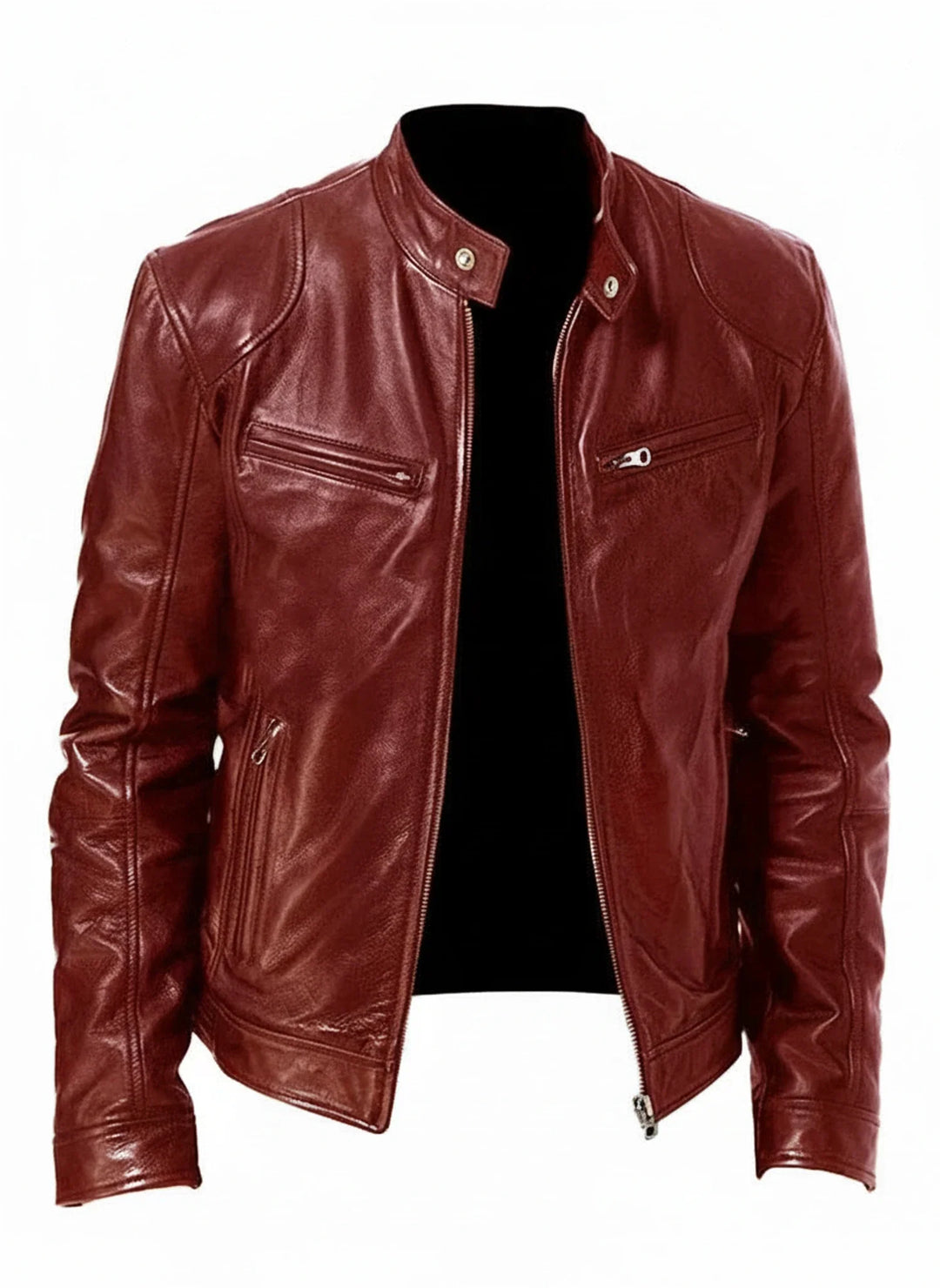 Back view of a sleek men's slim fit moto jacket, a versatile black outerwear piece for trendy casual wear.