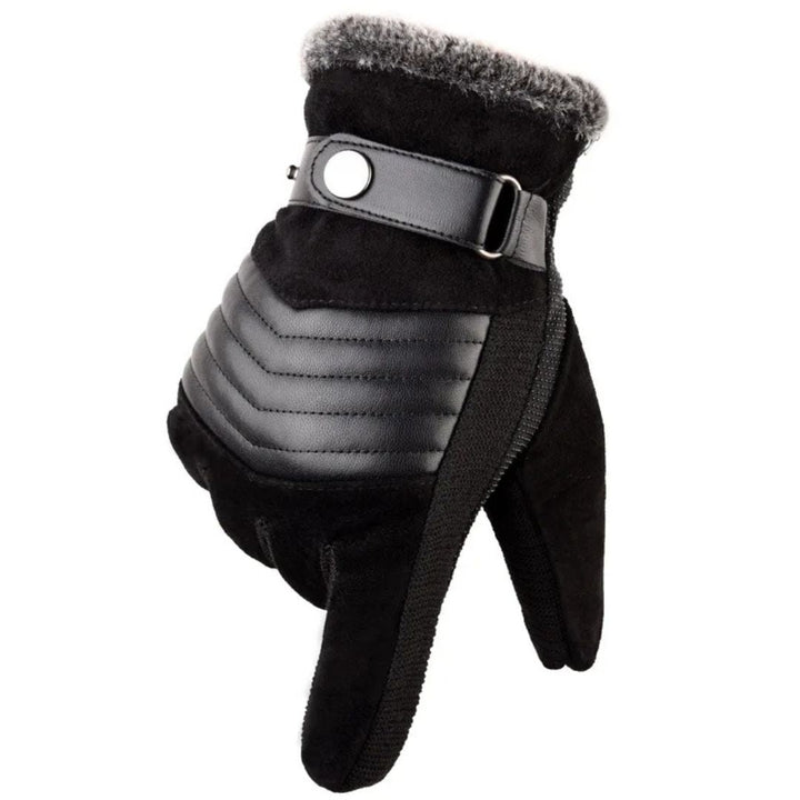 Men's black touchscreen winter gloves with leather strap, insulated for cold weather.