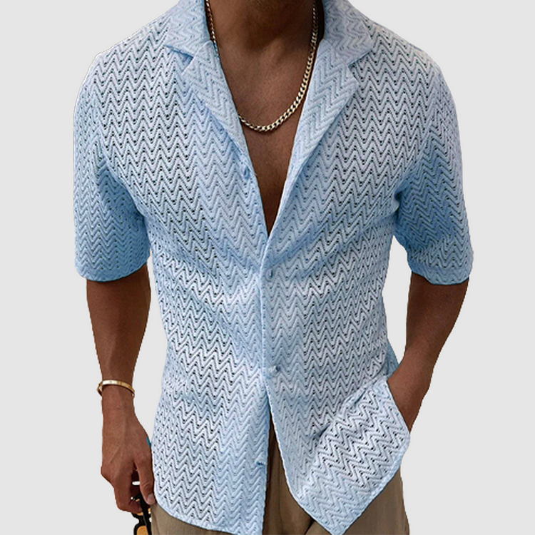 Men's breathable open-weave short sleeve shirt, perfect for summer casual wear and warm weather.