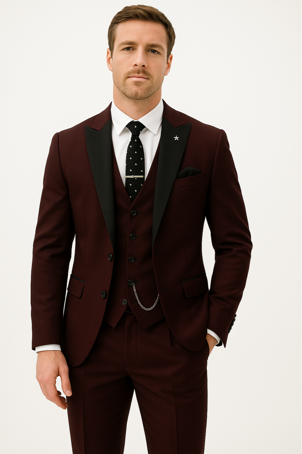 Men's burgundy three-piece suit, perfect for formal events, weddings, or business casual.