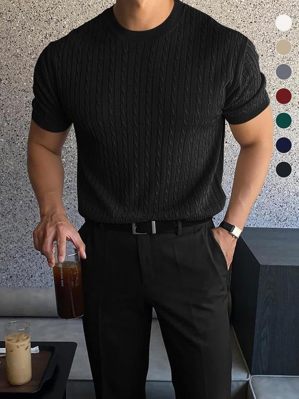 Stylish men's short sleeve cable knit tee with a classic crew neck, ideal for everyday fashion