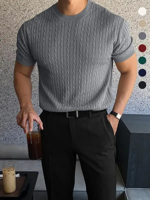 Textured men's knit short sleeve top, featuring a unique cable pattern, comfortable cotton blend