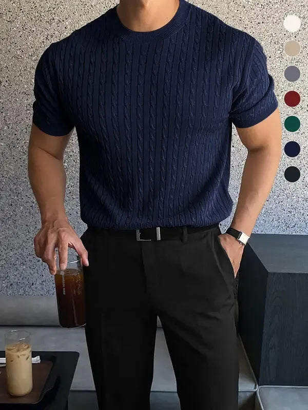 Man wearing a men's cable knit short sleeve tee, showcasing its fit and casual, modern style