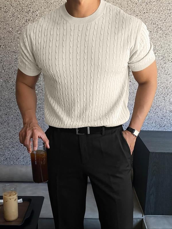 Front view of a men's short sleeve cable knit tee in a neutral hue, a timeless wardrobe essential