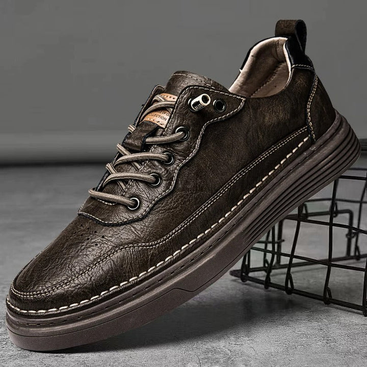 Beige men's leather sneakers, stylish & casual, perfect for everyday wear