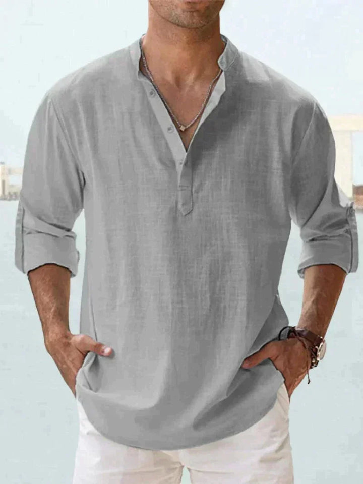 Men's long-sleeve button-up shirt, casual and cool for summer and beach days.