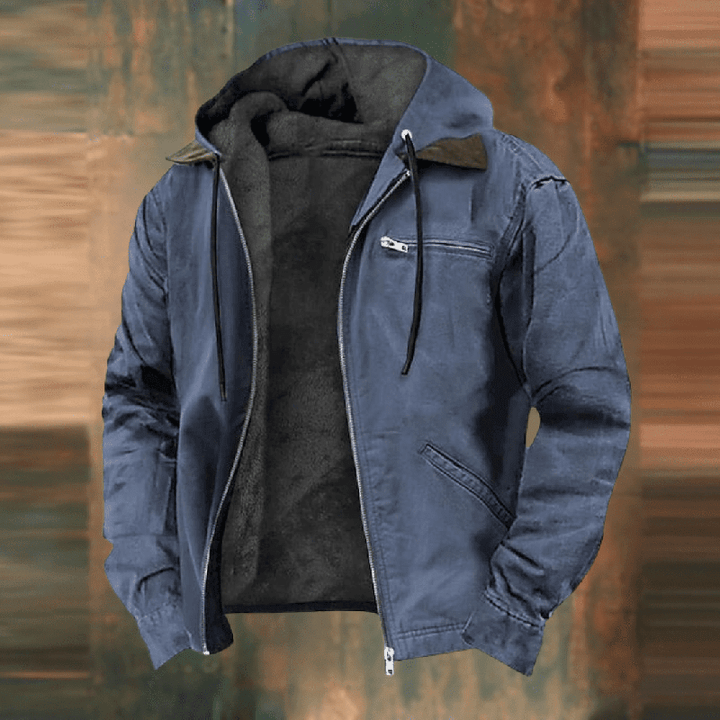 Stylish men's hooded fleece jacket with full zip closure, a versatile piece for spring/fall