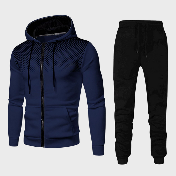 Athletic men's tracksuit in a sporty design, comprising a drawstring hoodie and fitted joggers for active wear.