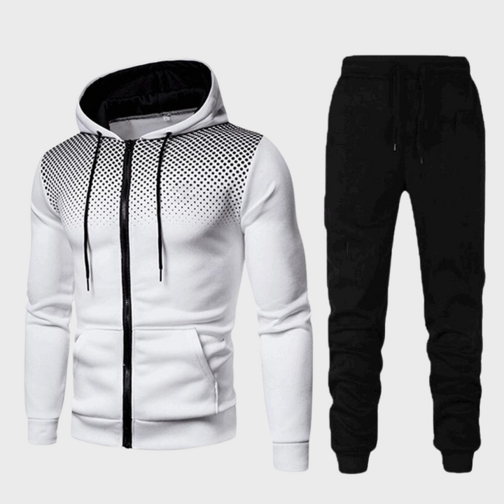 Casual men's two-piece tracksuit set, featuring a relaxed-fit hoodie and joggers, suitable for leisure.