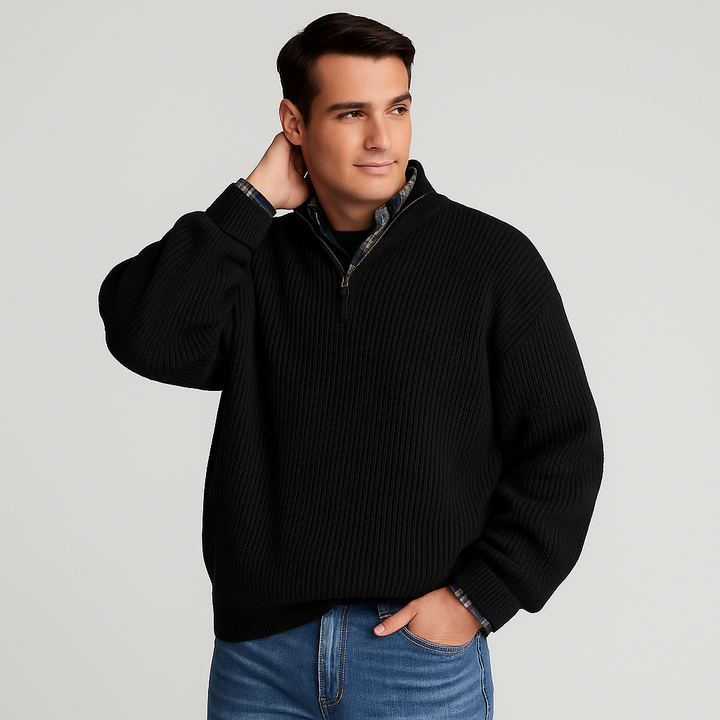 Stylish men's half zip long sleeve knitwear sweater in a neutral grey, ideal for casual outfits.