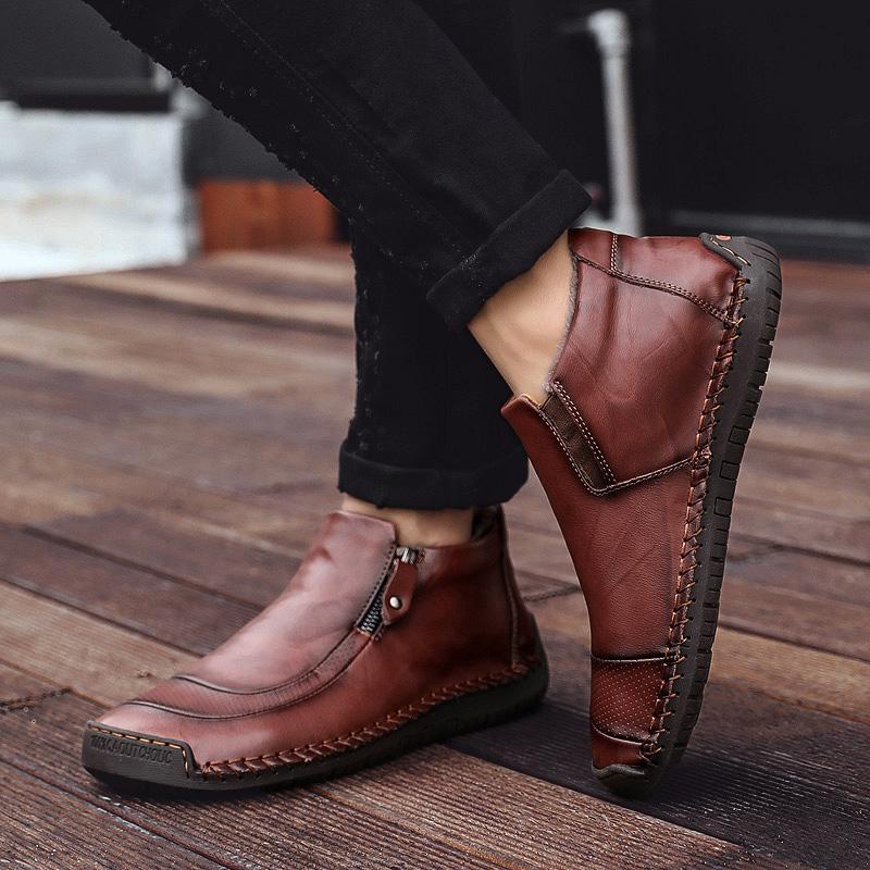 Side profile of Men's durable Leather Ankle Boots, ideal for outdoor adventures