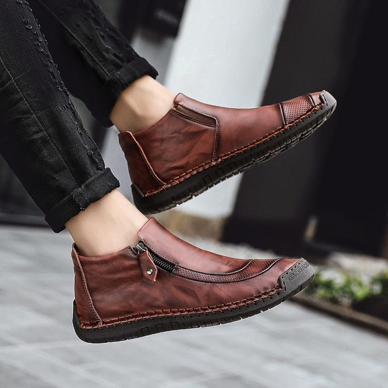 Top-down view of Men's Casual Handcrafted Leather Ankle Boots, classic design