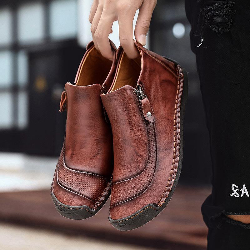 Close-up of the stitching on Men's Handcrafted Leather Ankle Boots