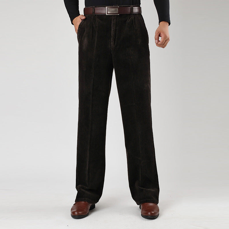 Men's casual high-waist pleated pants in a light neutral color, shown full length