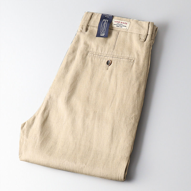Men's tailored linen blend trousers, versatile khaki for breathable summer apparel