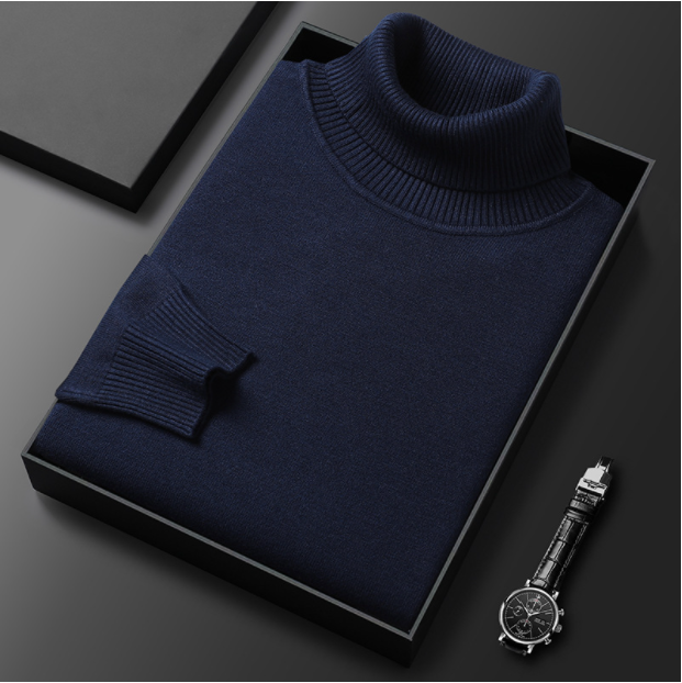 Man wearing a stylish men's spring casual knit turtleneck sweater, versatile top.