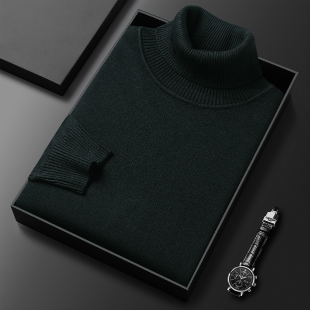 Folded men's spring turtleneck sweater showcasing its soft knit and long sleeves.
