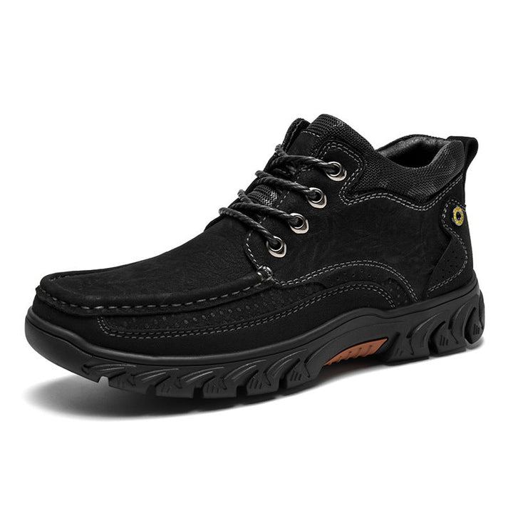 Close-up of men's brown leather work boots, orthopedic and comfortable