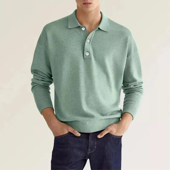 Stylish man wearing a comfortable long sleeve knit polo shirt, ideal for casual wear