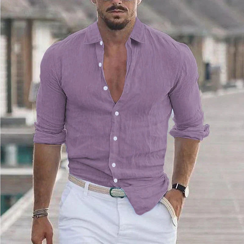 Comfortable men's casual long sleeve shirt featuring a classic turn-down collar. Versatile & lightweight for summer.