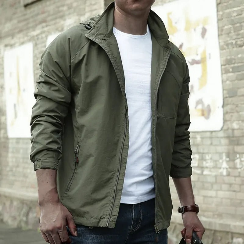 Close-up of the fabric texture of a men's casual long sleeve jacket, highlighting its urban appeal.